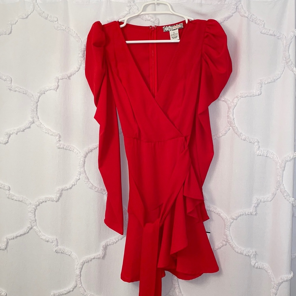 Red puff long sleeve mini dress